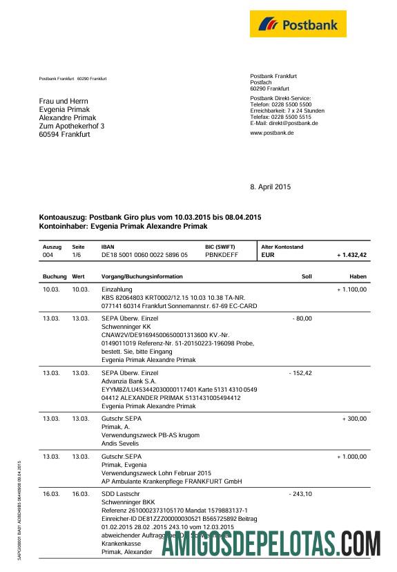 Extrato bancário do Postbank da Alemanha, modelo de 6 páginas